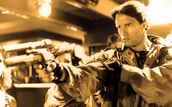 HD wallpaper featuring a dramatic scene from the movie The Terminator, showcasing a focused character aiming a firearm in a tense moment.