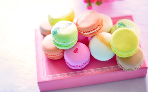 A vibrant assortment of colorful macarons sits in a pink dish, creating a delightful food-themed HD desktop wallpaper and background.