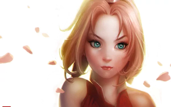 HD desktop wallpaper featuring Sakura Haruno from the anime Naruto, with an elegant and detailed design, displaying her in a serene pose surrounded by falling cherry blossom petals.