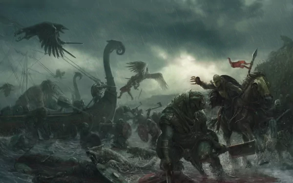 A fierce fantasy battle scene featuring Viking warriors and mythical creatures amidst stormy waters, with dark skies and dramatic elements creating an intense atmosphere.