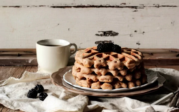 HD PC desktop wallpaper featuring a stack of waffles topped with blackberries next to a white coffee cup on a rustic wooden table.