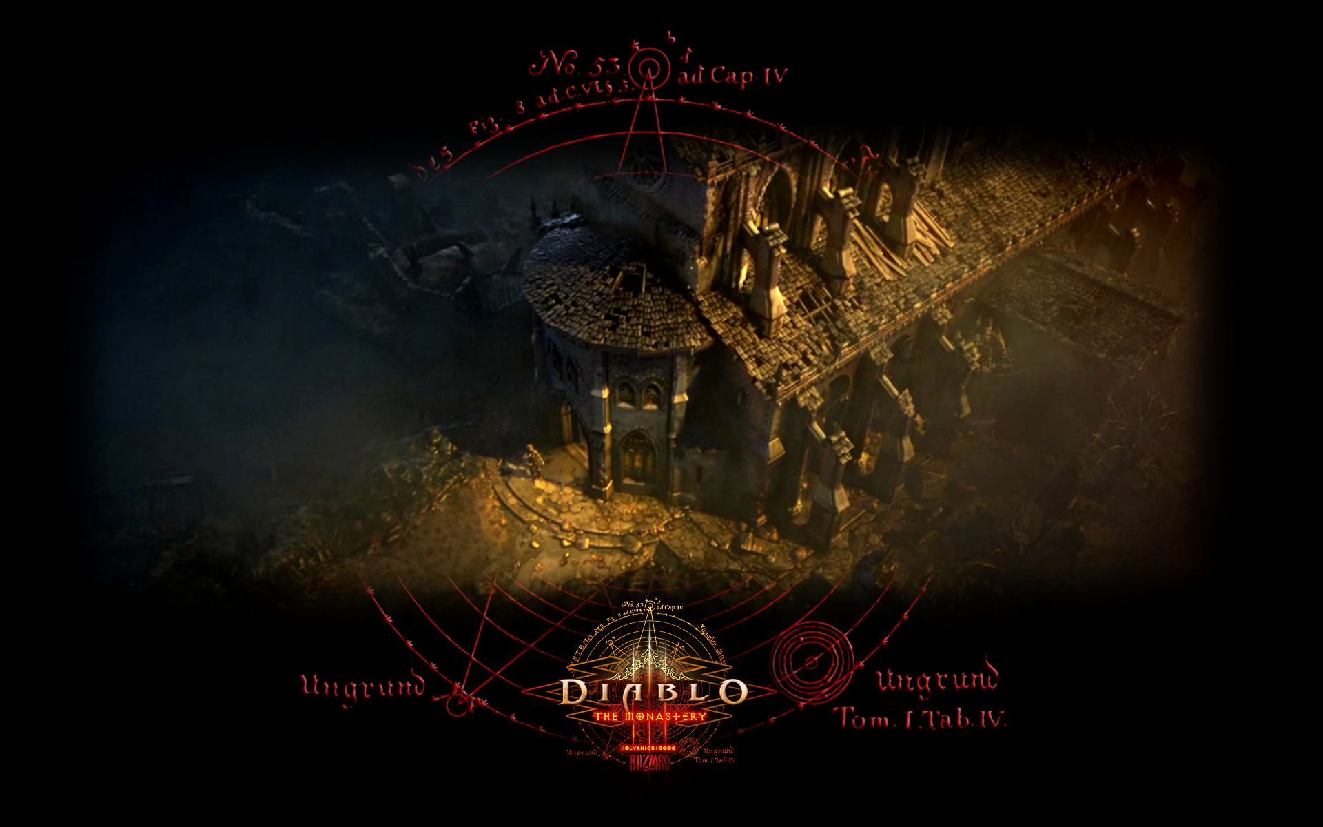 HD PC desktop wallpaper and background for the video game Diablo III, depicting a dark isometric ruined cathedral with a glowing bridge and the Diablo III logo.