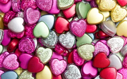 A vibrant, artistic HD desktop wallpaper featuring a colorful assortment of glittery hearts in various shades, creating a cheerful and lively background.