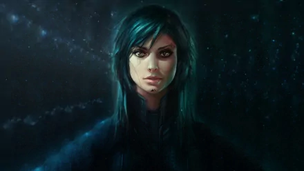 HD artistic desktop wallpaper featuring a woman with teal hair and intense eyes against a dark, cosmic background.