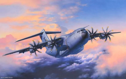 Military Airbus A400M in flight against a colorful sunset sky — HD PC desktop wallpaper and background showing the transport over clouds.