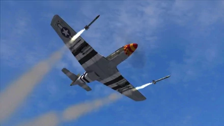 HD desktop wallpaper featuring a North American P-51 Mustang military aircraft soaring through a clear blue sky with missiles firing.