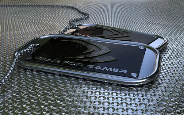 HD PC desktop wallpaper featuring sleek Nvidia dog tags on a metallic textured surface, highlighting technology and gaming themes.