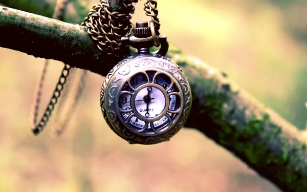 Close-up of an ornate man-made pocket watch with a chain hanging from a tree branch, captured in HD quality as a desktop wallpaper and background.