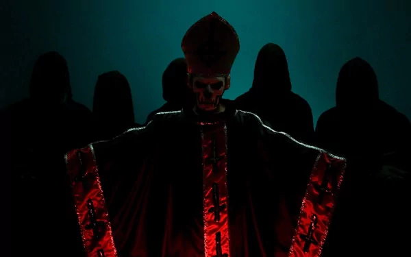 HD PC wallpaper featuring the dark, eerie figure of Ghost B.C. fronted by a skeletal leader in ceremonial robes, with shadowy band members in the background.