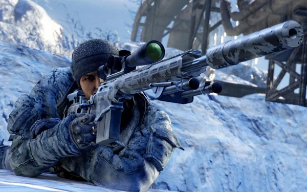 HD desktop wallpaper featuring a scene from the video game Sniper: Ghost Warrior 2, showcasing a sniper in a snowy environment aiming through a scope.