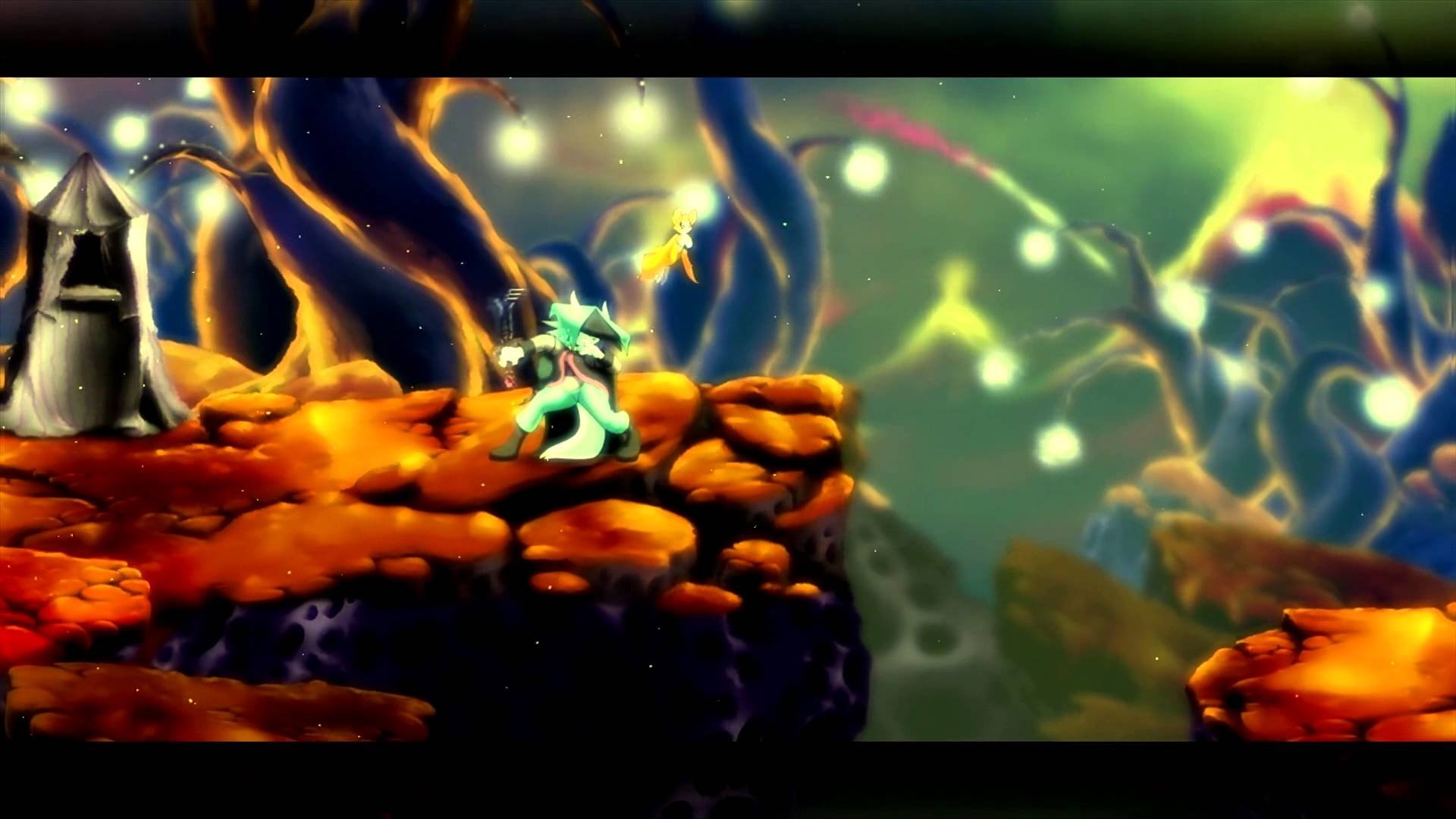 HD desktop wallpaper featuring a character from Dust: An Elysian Tail game, set in a vibrant and mystical world.