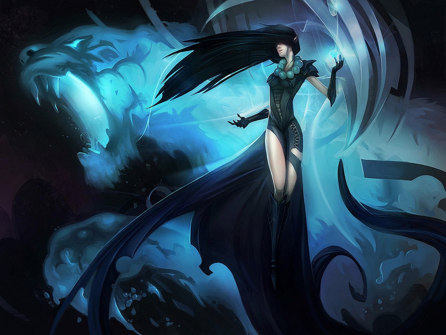 HD PC desktop wallpaper depicting a fantasy scene with a mysterious woman in dark attire, surrounded by swirling blue and black ethereal elements.