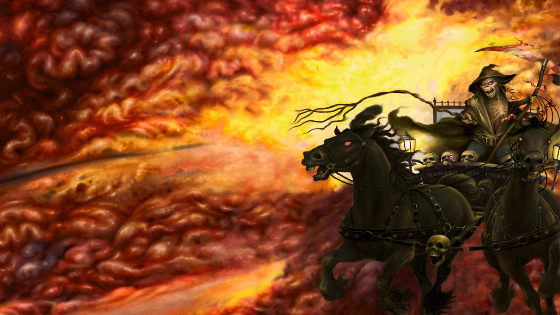 HD PC desktop wallpaper featuring Iron Maiden’s iconic dark horseman figure against a fiery, dramatic sky background, capturing the band’s intense music theme.