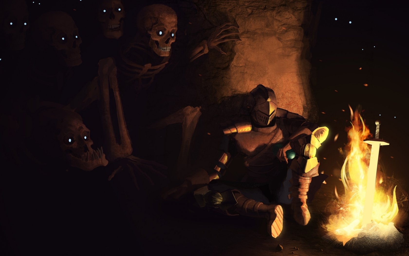 A dramatic Dark Souls HD PC desktop wallpaper featuring a character by a fire surrounded by eerie skeletons, creating a captivating and ominous atmosphere.