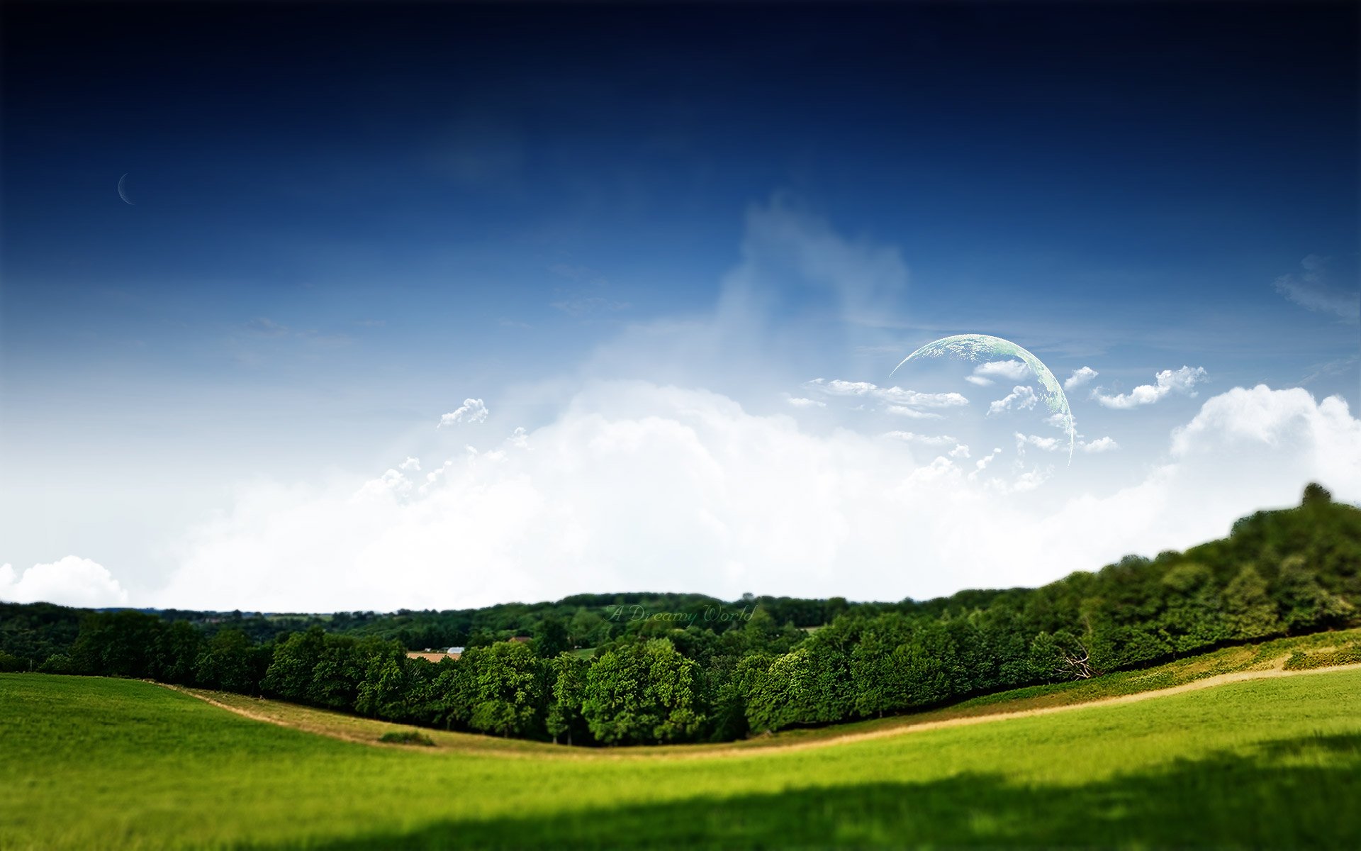 HD PC desktop wallpaper of a lush green landscape under a clear blue sky with dreamy clouds and a faint, otherworldly celestial body in the background.