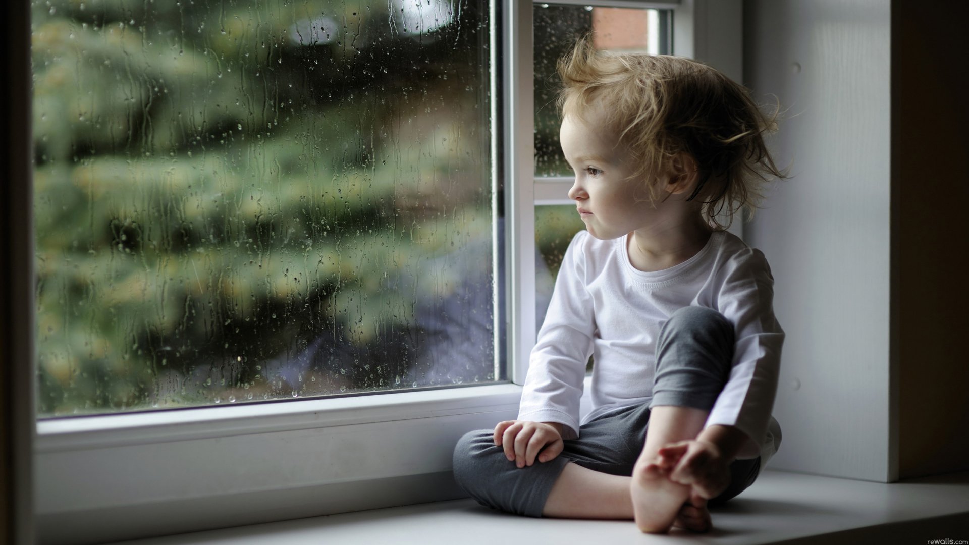 HD photography of a child sitting on a windowsill, gazing outside on a rainy day, used as a PC desktop wallpaper and background.