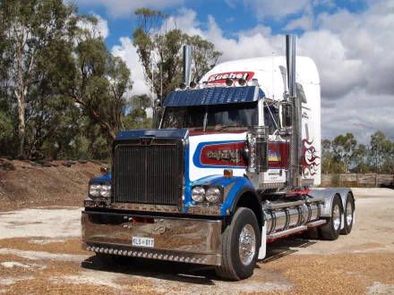 HD PC desktop wallpaper of a chrome Western Star semi-truck with blue and red accents parked on a gravel lot under a cloudy sky, framed by eucalyptus trees.