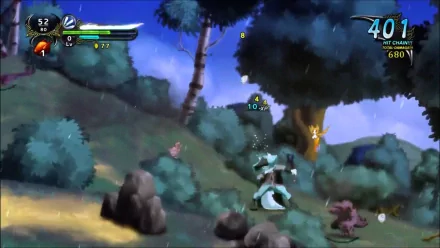 HD desktop wallpaper from Dust: An Elysian Tail depicting the main character battling enemies in a mystical forest setting.