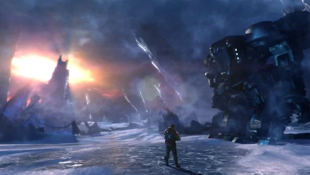 HD wallpaper of Lost Planet 3 featuring a character on an icy planet with mechs and a distant sun.