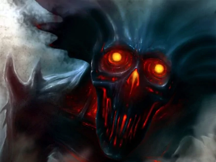 A dark-themed demon with glowing orange eyes and a menacing skull-like face emerges from swirling shadows, creating an intense atmosphere for a captivating HD desktop wallpaper.