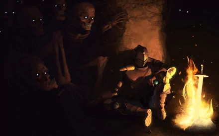 A dramatic Dark Souls HD PC desktop wallpaper featuring a character by a fire surrounded by eerie skeletons, creating a captivating and ominous atmosphere.