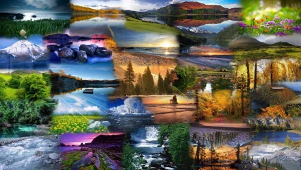 A vibrant HD PC desktop wallpaper collage featuring diverse natural landscapes, including lakes, forests, mountains, and sunsets, blending photography with artistic composition.