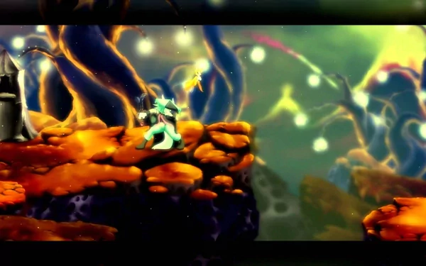 HD desktop wallpaper featuring a character from Dust: An Elysian Tail game, set in a vibrant and mystical world.