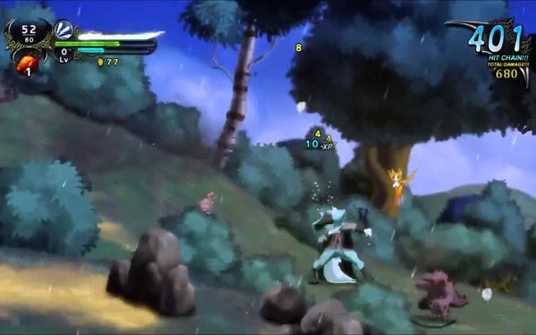 HD desktop wallpaper from Dust: An Elysian Tail depicting the main character battling enemies in a mystical forest setting.