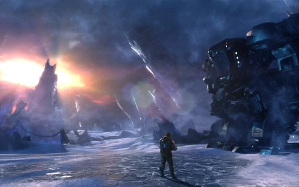 HD wallpaper of Lost Planet 3 featuring a character on an icy planet with mechs and a distant sun.