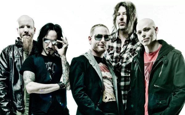 Rock music band portrait for HD PC desktop wallpaper and background — five members pose against a white backdrop.