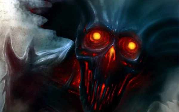 A dark-themed demon with glowing orange eyes and a menacing skull-like face emerges from swirling shadows, creating an intense atmosphere for a captivating HD desktop wallpaper.