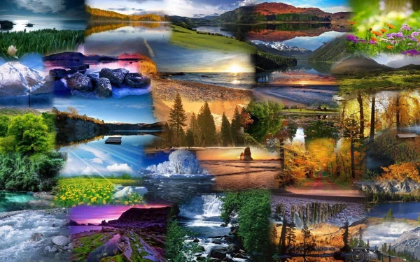 A vibrant HD PC desktop wallpaper collage featuring diverse natural landscapes, including lakes, forests, mountains, and sunsets, blending photography with artistic composition.