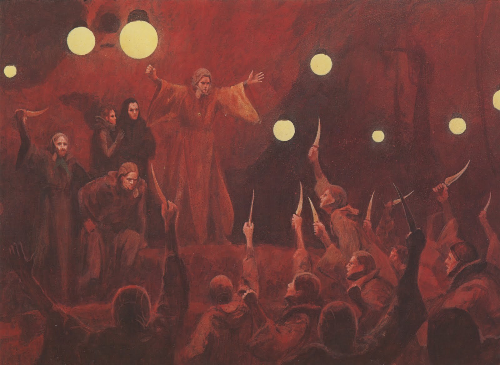 Sci-fi HD desktop wallpaper inspired by Dune, depicting robed figures amid glowing orbs in a desert-like, atmospheric setting.