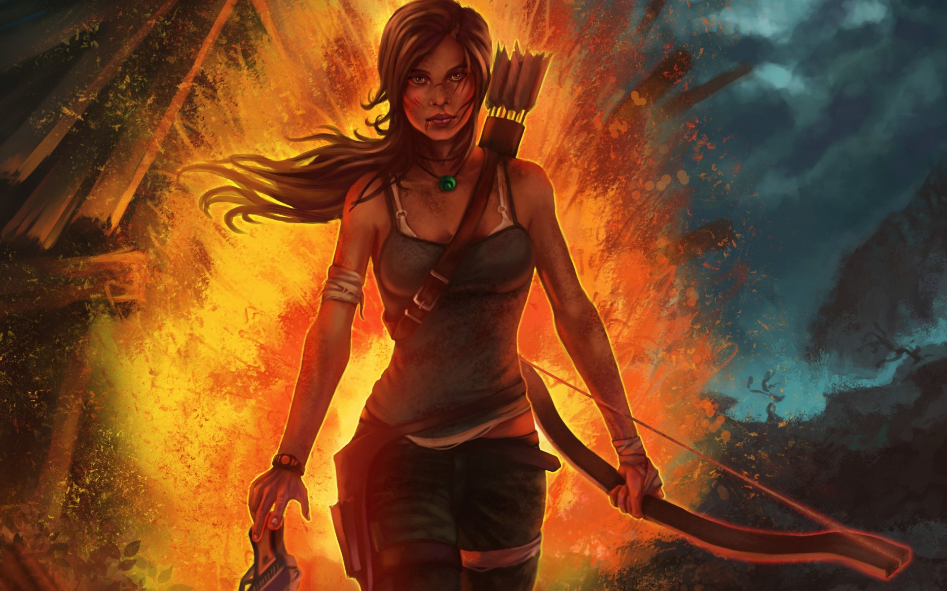 An HD PC desktop wallpaper featuring Lara Croft from Tomb Raider, confidently walking through a fiery background, showcasing her adventurous spirit and survival skills.