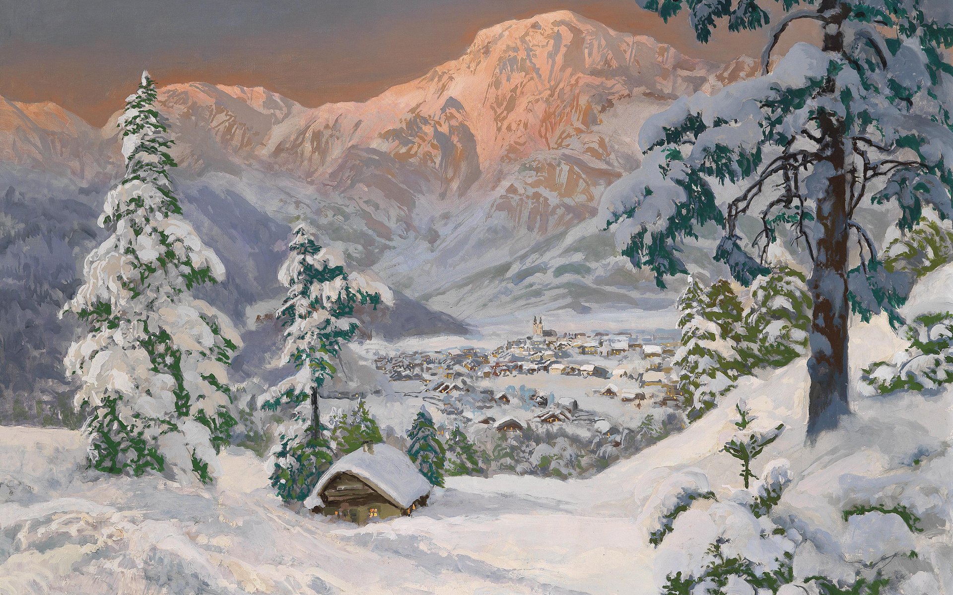 HD PC desktop wallpaper featuring an artistic winter landscape painting of a snowy village nestled among snow-covered trees and towering mountains at sunset.