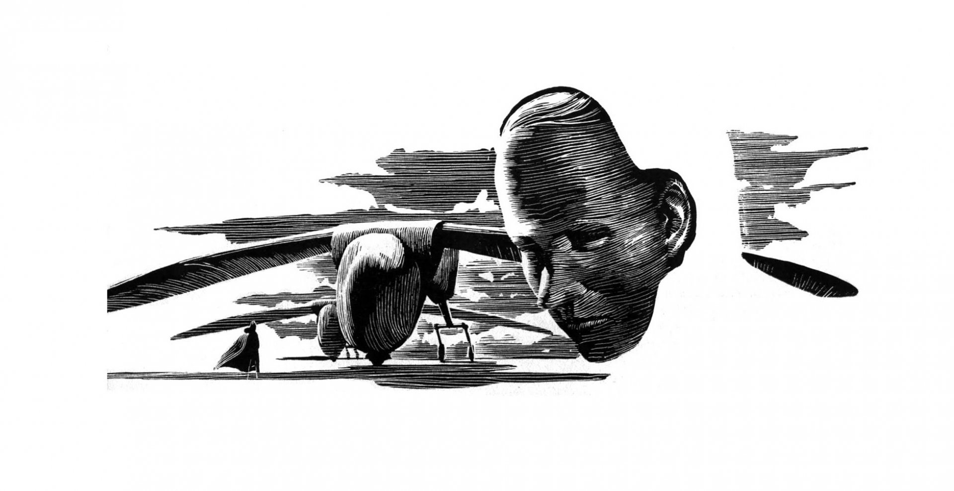 Sci‑Fi Dune HD PC desktop wallpaper/background: black-and-white surreal desert with a giant floating sculpted head, hovering craft and streaked clouds across the horizon.