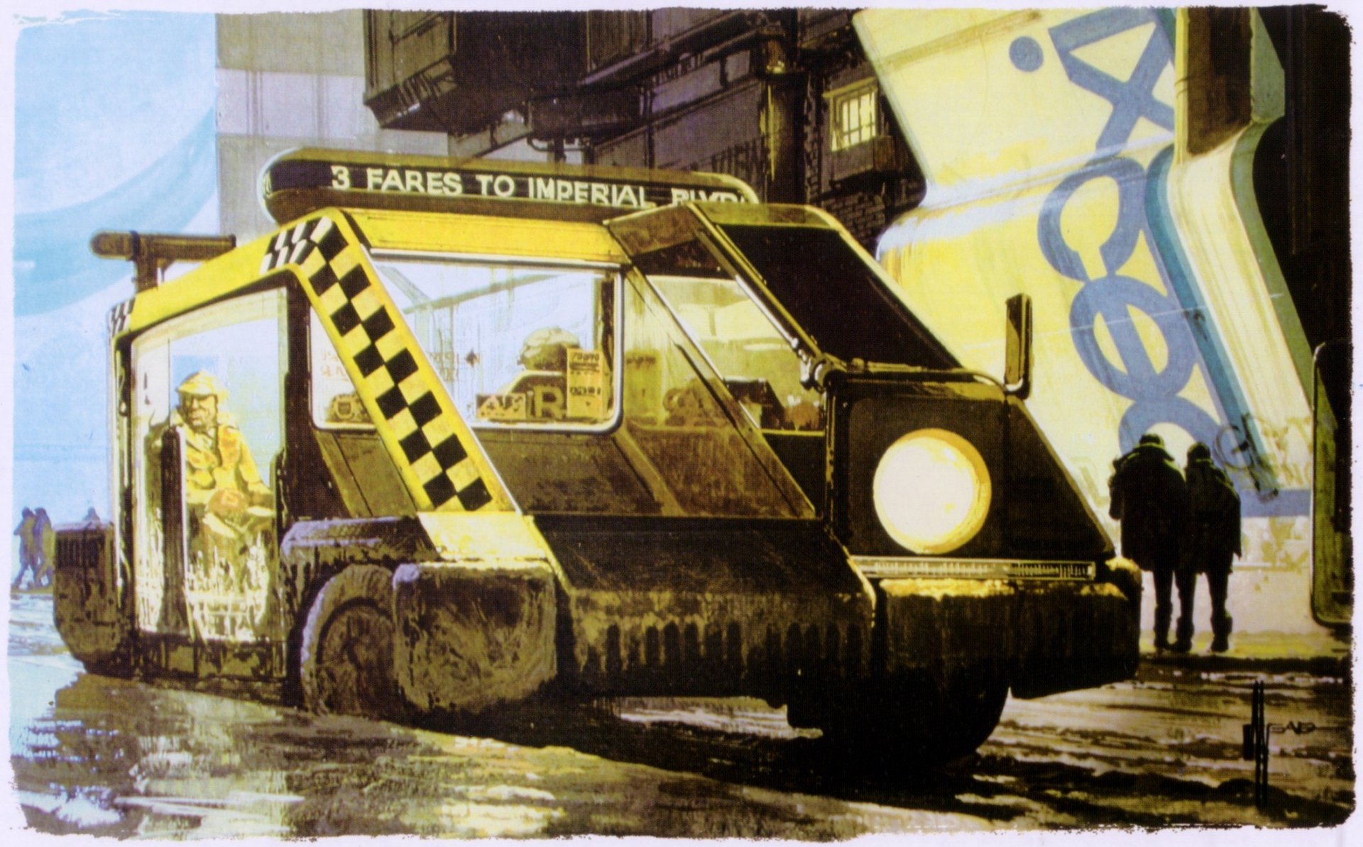 HD PC desktop wallpaper featuring a futuristic taxi from the movie Blade Runner in a rainy, urban setting.