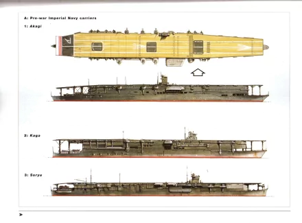 Illustration showcasing the Japanese aircraft carriers Akagi, Kaga, and Soryu of the Imperial Japanese Navy, set against a clean background, designed for a detailed military-themed display.