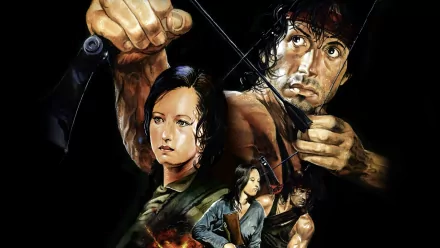 HD PC desktop wallpaper featuring stylized characters from the movie Rambo: First Blood Part II, highlighting intense action and dramatic expressions.
