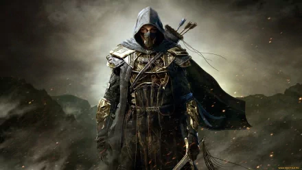 A dark, cloaked figure stands confidently, wielding a bow and arrows, set against a dramatic, misty landscape. This HD wallpaper features art from The Elder Scrolls Online.