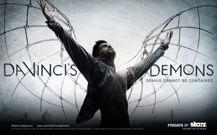 HD PC desktop wallpaper from the TV show Da Vinci's Demons, featuring a character with outstretched arms and intricate wing-like structures behind him.