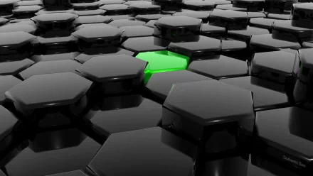 HD desktop wallpaper featuring a 3D abstract design with shiny black hexagonal shapes, and one bright green hexagon standing out in the center.