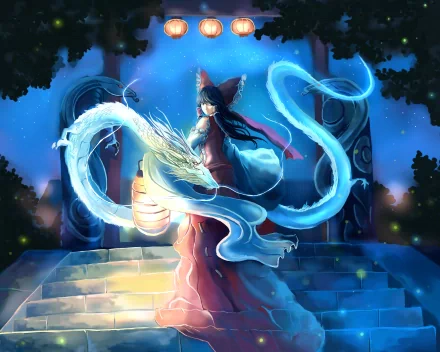 HD desktop wallpaper of Reimu Hakurei, a shrine maiden from the Touhou anime series, standing on stone steps at night, surrounded by a glowing dragon-like figure.