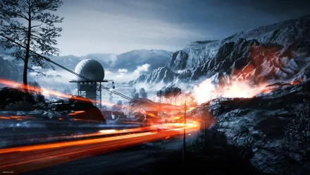 A dynamic scene from the video game Battlefield 3, featuring dramatic explosions and intense movement, set against a rugged mountainous backdrop. HD PC desktop wallpaper.