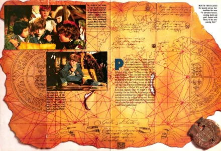 The Goonies movie HD PC desktop wallpaper and background: aged pirate treasure map with compass rose, scattered coins and inset film stills of children on a treasure-seeking adventure.