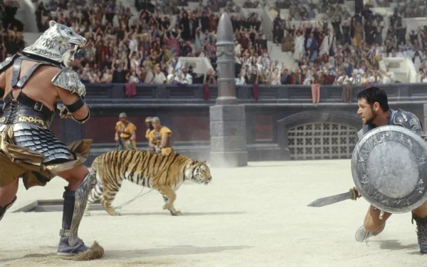 HD desktop wallpaper featuring a dramatic gladiator scene from a movie, depicting two armed gladiators facing each other with a tiger in the arena, and a cheering audience in the background.