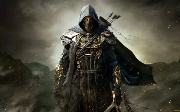 A dark, cloaked figure stands confidently, wielding a bow and arrows, set against a dramatic, misty landscape. This HD wallpaper features art from The Elder Scrolls Online.