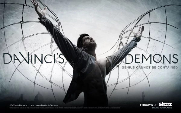HD PC desktop wallpaper from the TV show Da Vinci's Demons, featuring a character with outstretched arms and intricate wing-like structures behind him.
