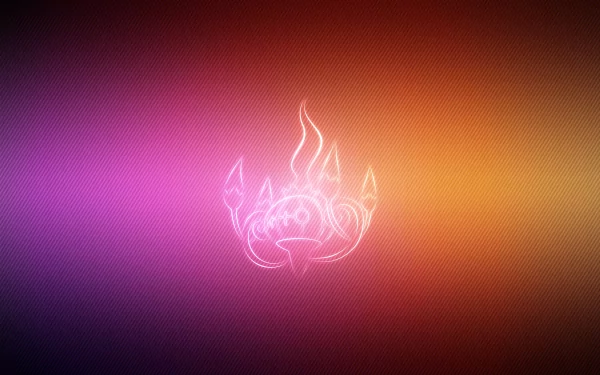 Minimalist neon Chandelure (Pokémon) emblem glowing pink-purple-orange on a textured gradient, 2K Quad HD PC desktop wallpaper and video game Pokémon background.