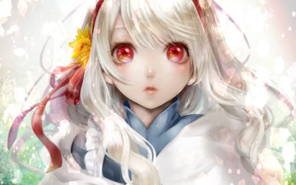 HD desktop wallpaper featuring Marry Kozakura from the anime Kagerou Project. The character has long white hair, red eyes, and wears a blue and white outfit with a yellow flower in her hair.